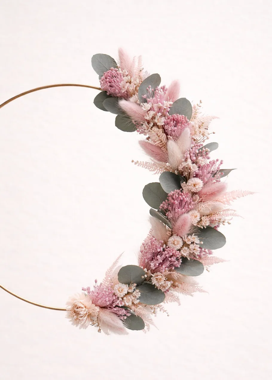 Pink floral wreath on a simple round frame.