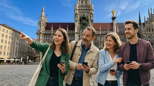 Group of people smiling in city square.
