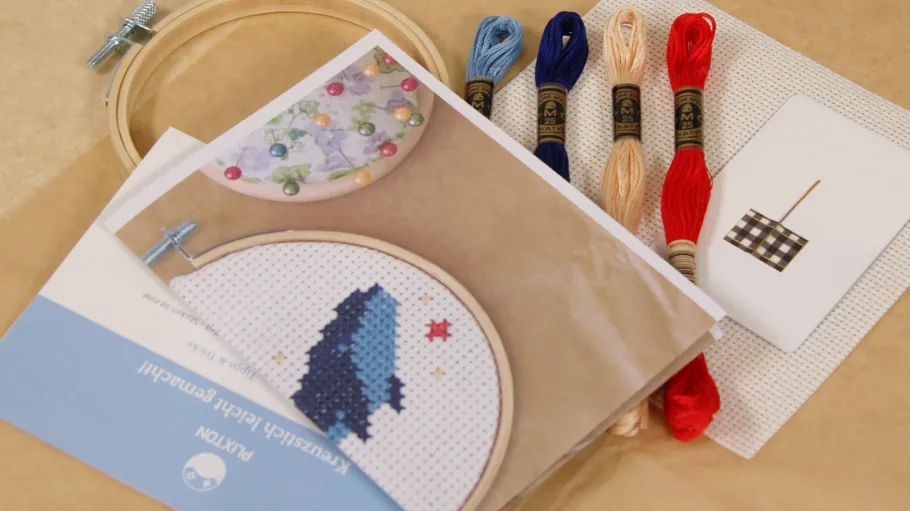 Embroidery kit with threads on a table.