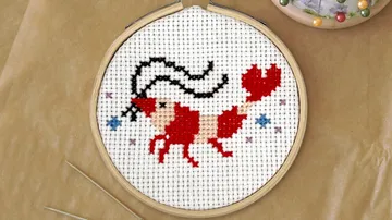 Cross-stitched shrimp in wooden hoop.