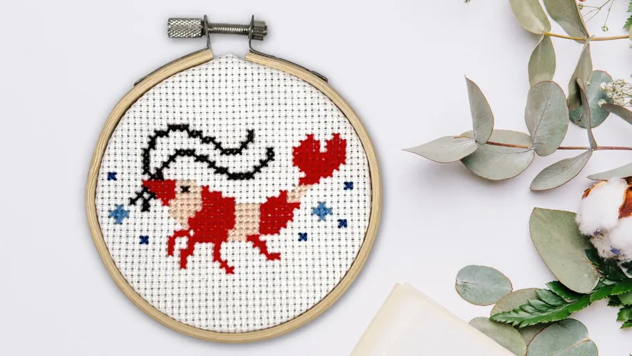 Cross-stitch Capricorn design in embroidery hoop.