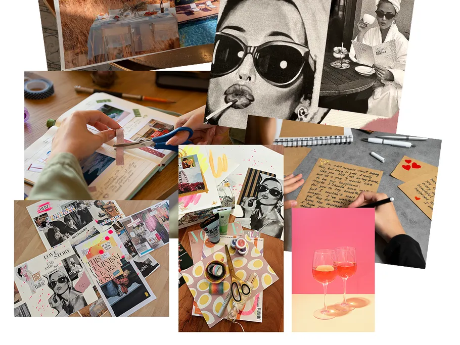 Collage with crafting, writing, vintage photos.