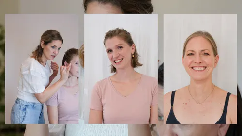 Drei Frauen in verschiedenen Posen, drinnen.