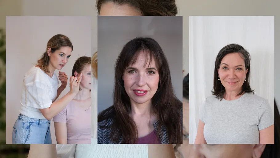 Three women in portrait and candid expressions.