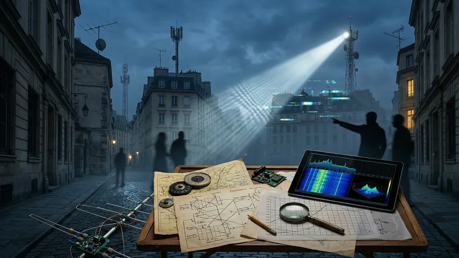 Blueprints and tech on table in city street.