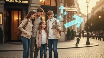 Family using tablet on city street.