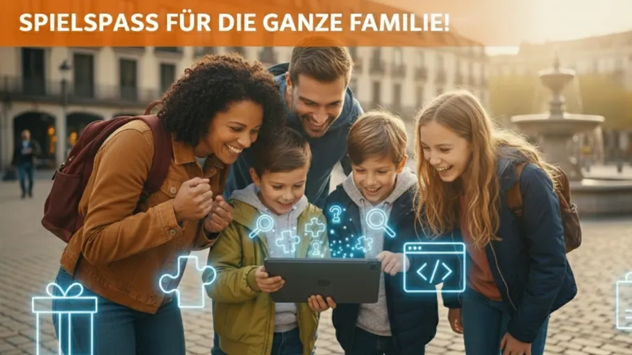 Family enjoying tablet together outdoors.