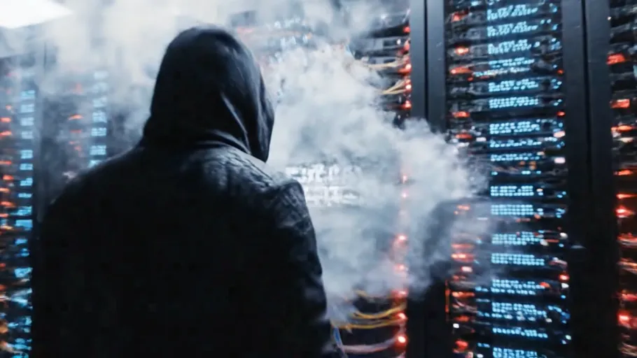 Vermummte Person im Serverraum mit Rauch.