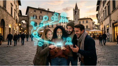 Gruppe nutzt Smartphone mit digitalen Grafiken draußen.