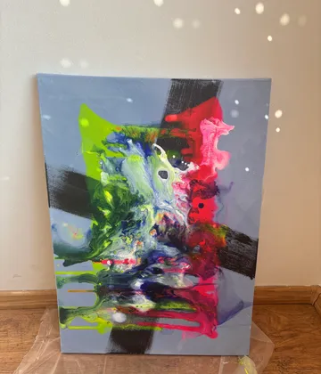 Abstraktes Gemälde mit lebendigen Farben und Texturen.