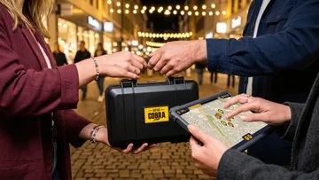 People exchanging black case and using tablet outdoors.