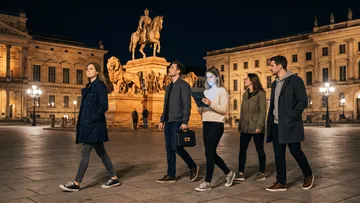 Five people walking in lit historical square.