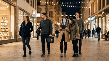 People walking along lit shopping street at night.