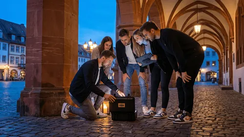 Gruppe untersucht einen Koffer im Bogenflur.