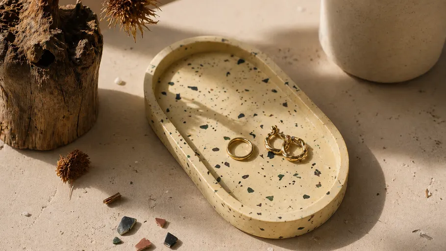 Jewelry on a speckled tray on a table.
