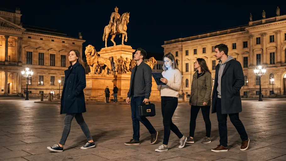 Five people walking in a historic square.