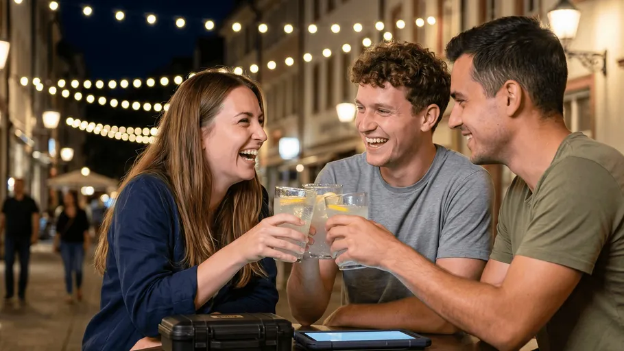 Three friends laughing, holding drinks, street lights.