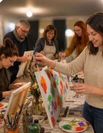 People painting at a creative workshop table.
