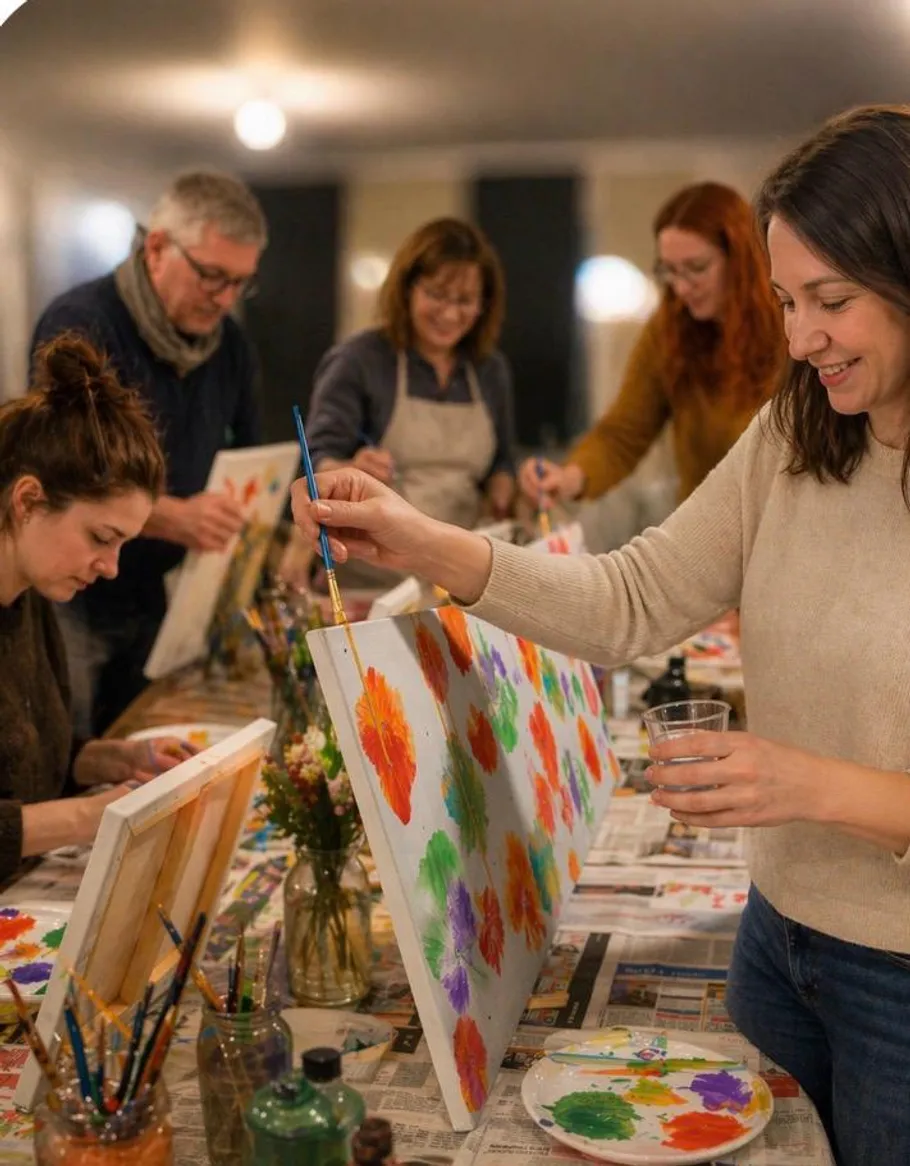 People painting at a creative workshop table.