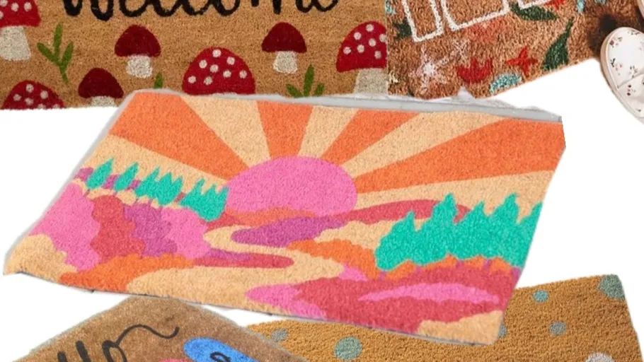 Colorful doormats with nature and welcome designs.