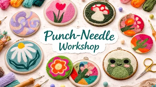 Colorful punch needle designs arranged on a table.