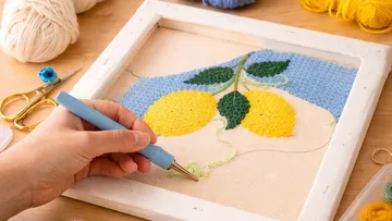 Hand embroiders lemons on fabric in frame.