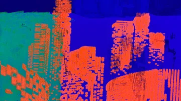 Abstrakte Stadtlandschaft mit leuchtend orange Gebäuden.
