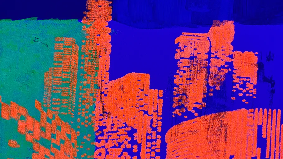 Abstrakte Stadtlandschaft mit leuchtend orange Gebäuden.