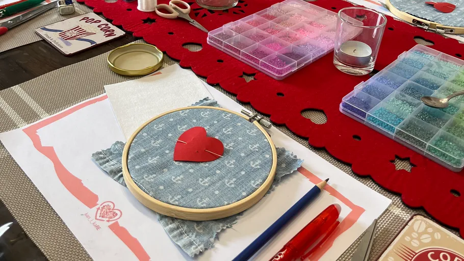 Crafting setup with embroidery hoop and supplies.
