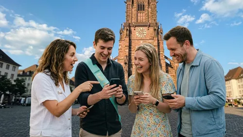 Group of people looking at phones, historic building background.
