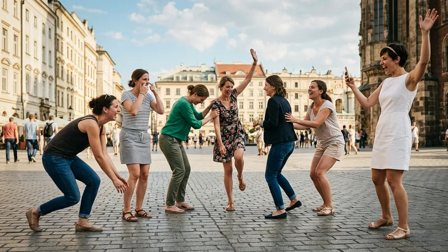 Group of women celebrating outdoors in urban square.