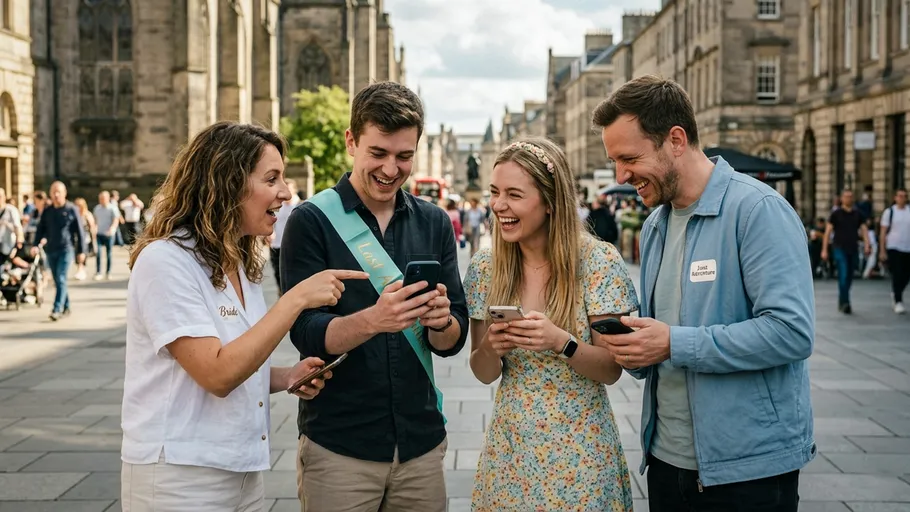 Four people laughing and using phones outdoors.