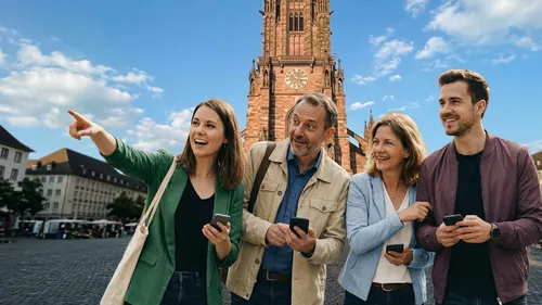 Gruppe zeigt und lächelt auf dem Stadtplatz.