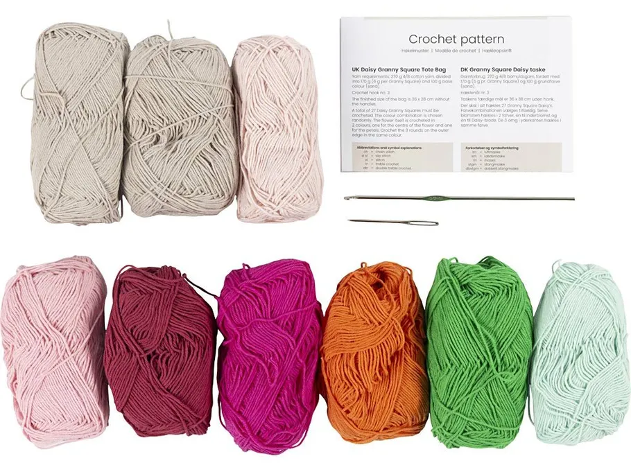 Colorful yarn balls, crochet hooks, pattern instructions.