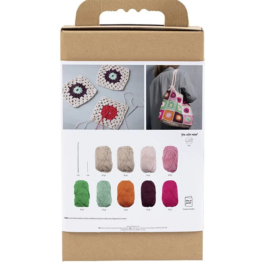 Crochet kit with yarn and bag instructions.