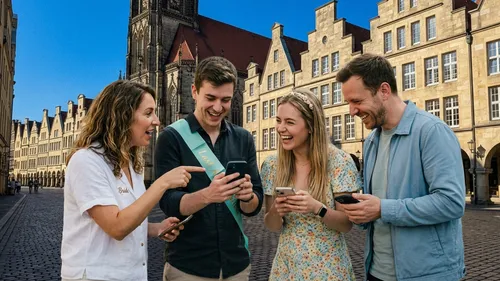 Vier Personen nutzen Smartphones auf einem Stadtplatz.