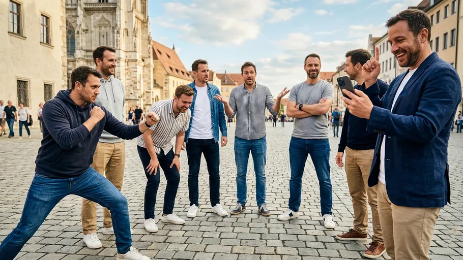 Group of men playfully interacting in city square.