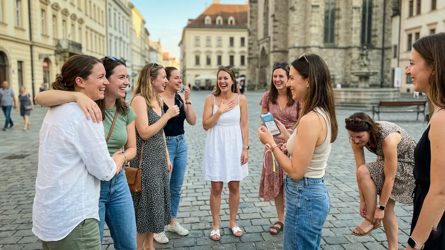 Gruppe von Frauen lacht auf einem Stadtplatz.