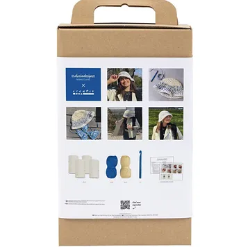 Crochet kit box with hat-making materials shown.