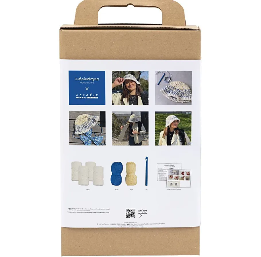 Häkelset-Box mit Materialien zum Hutmachen gezeigt.