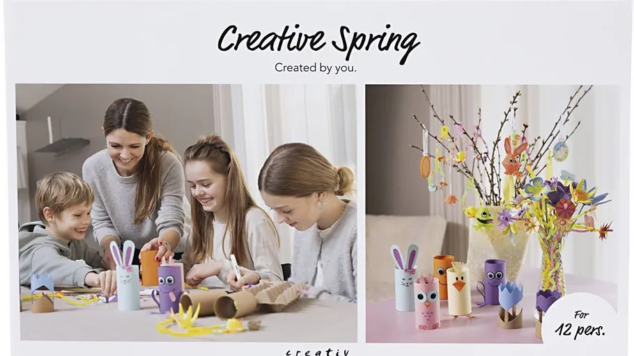 Family crafting colorful spring decorations together.