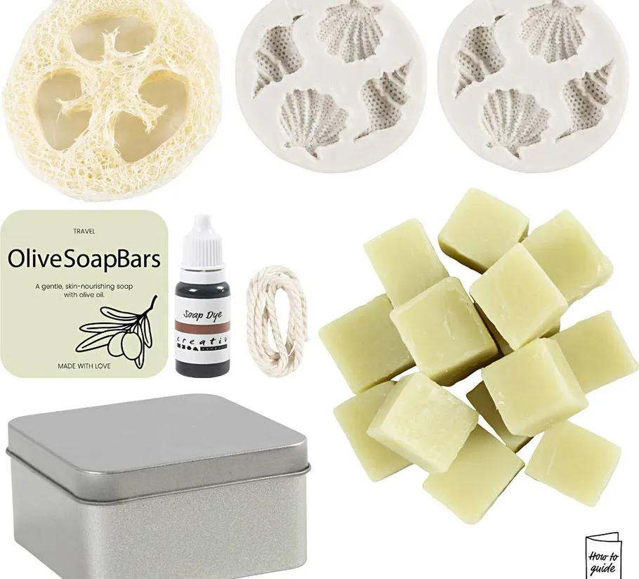 Soap kit with molds, dye, and ingredients.