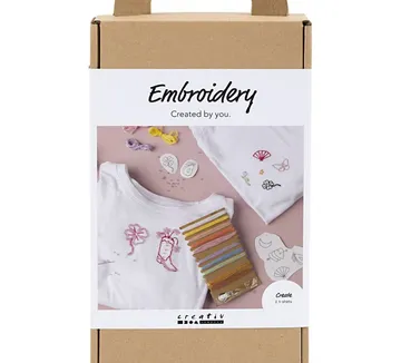 Stickset mit bunten Garnen und Designs.