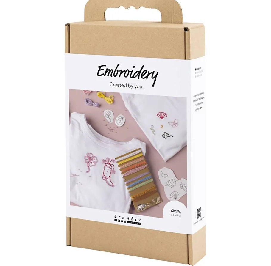 Embroidery kit with shirts and threads displayed.