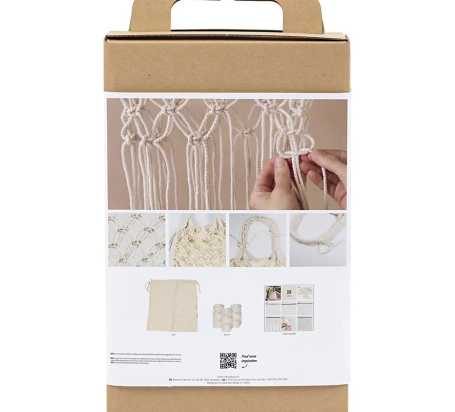 Hands making macramé knots, instructional package.