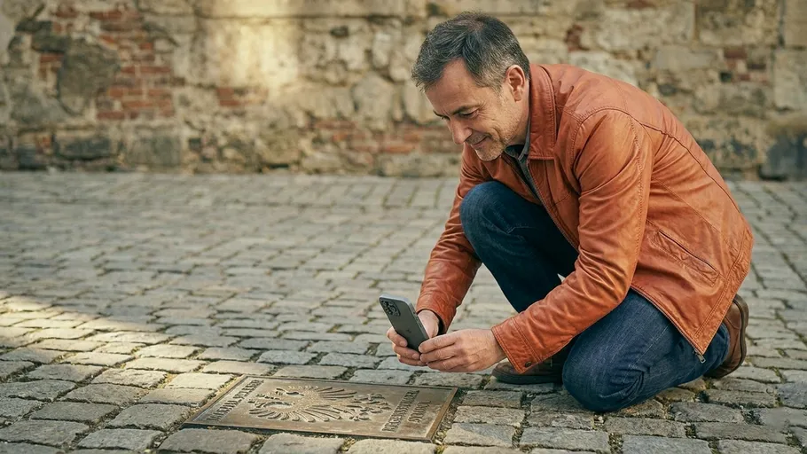 Mann fotografiert Plakette auf Kopfsteinpflaster.