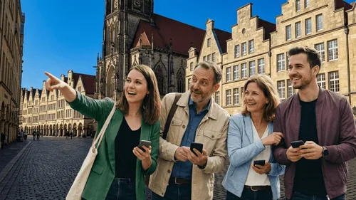 Group of people sightseeing in city square.