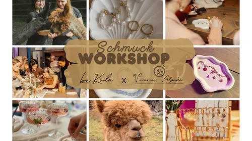 Schmuck-Workshop mit Alpakas und Basteln, Collage-Stil.
