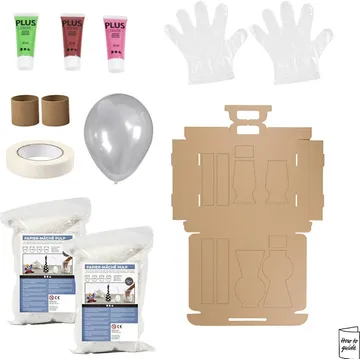 Papier-mâché kit with paints, balloon, and materials.
