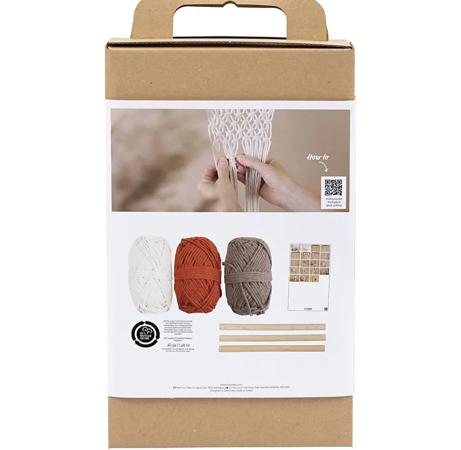 Makramee-Set-Verpackung mit Garn und Anleitung.
